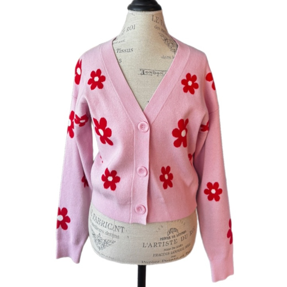 Strawberry flower print pink red crop cardigan size small